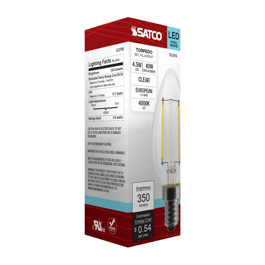 4.5 Watt - B11 LED Filament - Clear - 350 Lumens - 4000K - European base - 120 Volt - Image 8