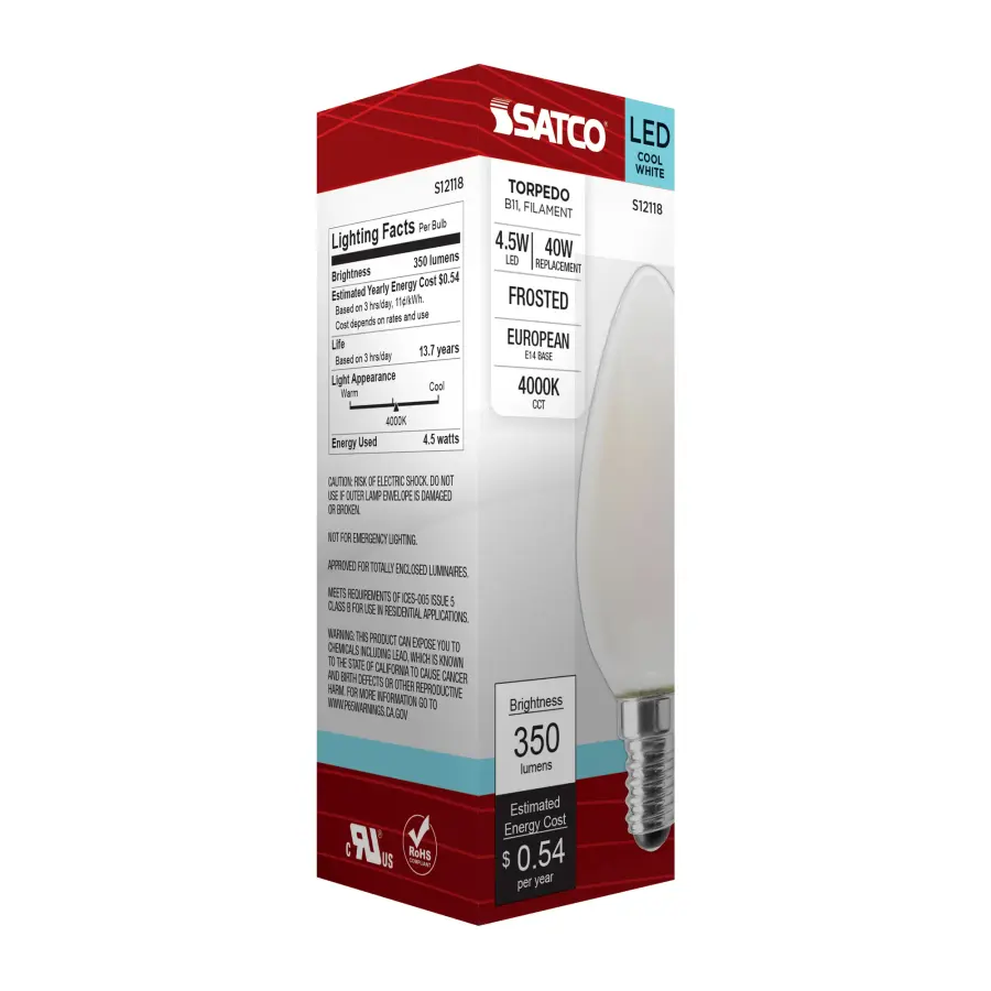 4.5 Watt - B11 LED Filament - Frosted - 350 Lumens - 4000K - European base - 120 Volt - Image 8