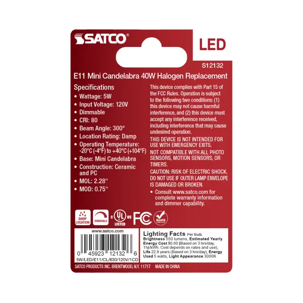 5 Watt Mini LED - Miniature Candelabra Base - 3000K - Clear Finish - 120 Volt - Image 3