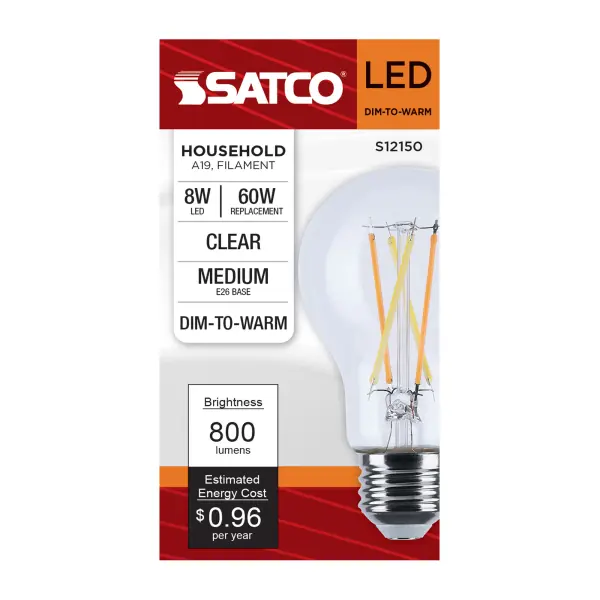 8 Watt LED A19 - 3000K-2000K Warm Dimming - Medium Base - Clear Finish - Image 5