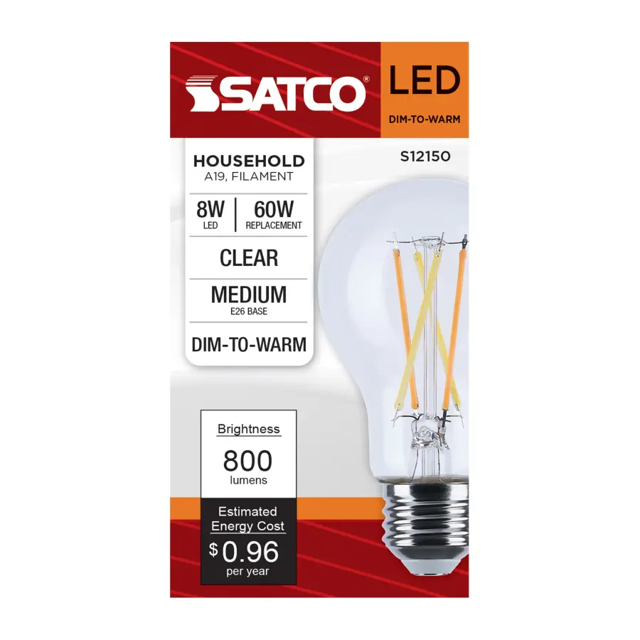 8 Watt LED A19 - 3000K-2000K Warm Dimming - Medium Base - Clear Finish - Image 5