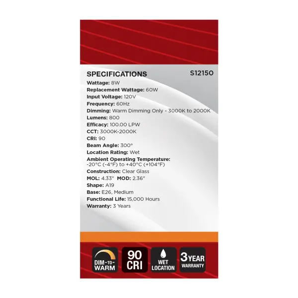 8 Watt LED A19 - 3000K-2000K Warm Dimming - Medium Base - Clear Finish - Image 7