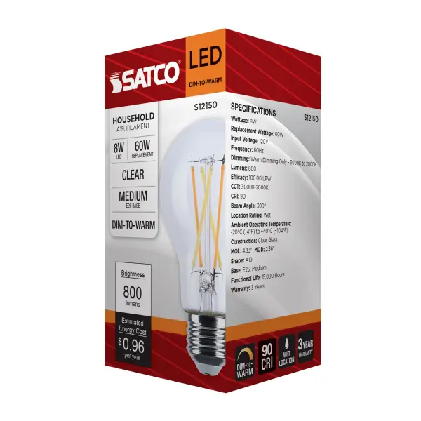 8 Watt LED A19 - 3000K-2000K Warm Dimming - Medium Base - Clear Finish - Image 9
