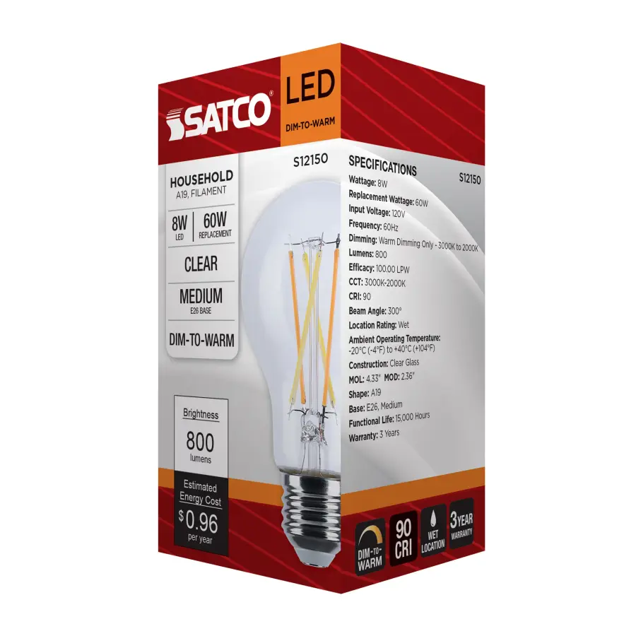 8 Watt LED A19 - 3000K-2000K Warm Dimming - Medium Base - Clear Finish - Image 9