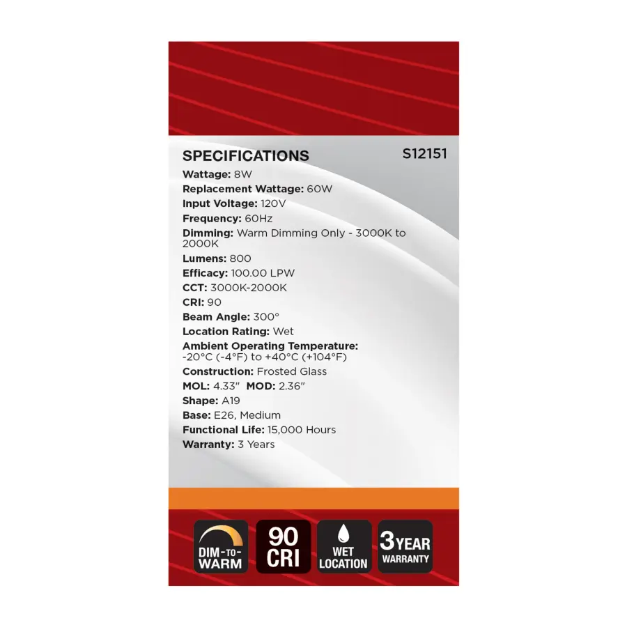 8 Watt LED A19 - 3000K-2000K Warm Dimming - Medium Base - Frost Finish - Image 7