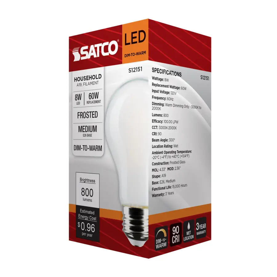 8 Watt LED A19 - 3000K-2000K Warm Dimming - Medium Base - Frost Finish - Image 9