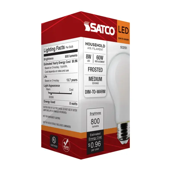 8 Watt LED A19 - 3000K-2000K Warm Dimming - Medium Base - Frost Finish - Image 10