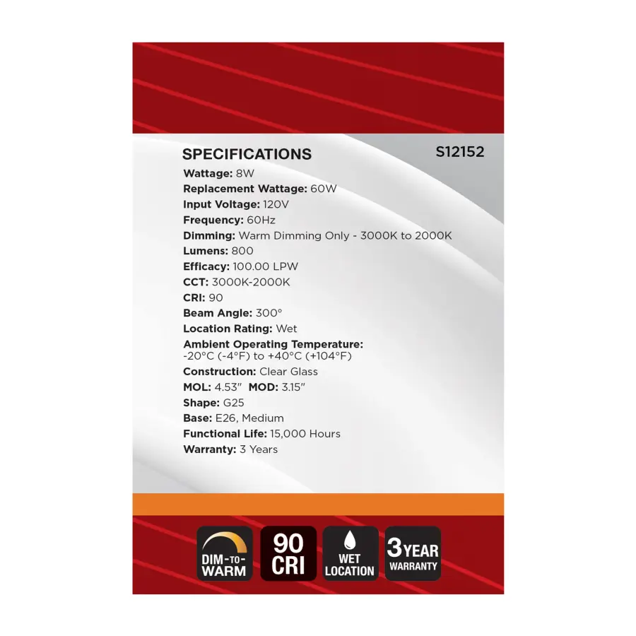 8 Watt LED G25 - 3000K-2000K Warm Dimming - Medium Base - Clear Finish - Image 7