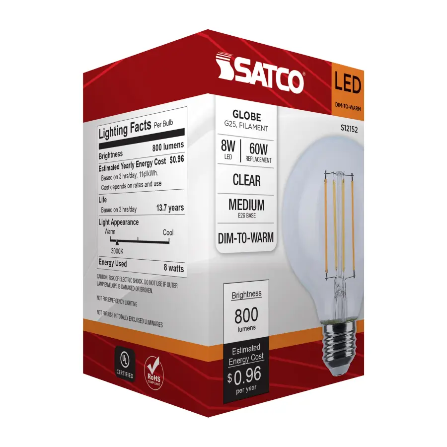 8 Watt LED G25 - 3000K-2000K Warm Dimming - Medium Base - Clear Finish - Image 10
