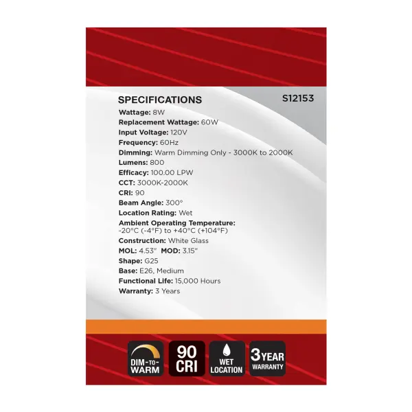 8 Watt LED G25 - 3000K-2000K Warm Dimming - Medium Base - White Finish - Image 7