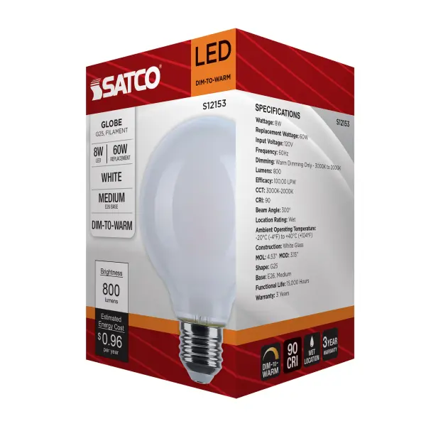 8 Watt LED G25 - 3000K-2000K Warm Dimming - Medium Base - White Finish - Image 9