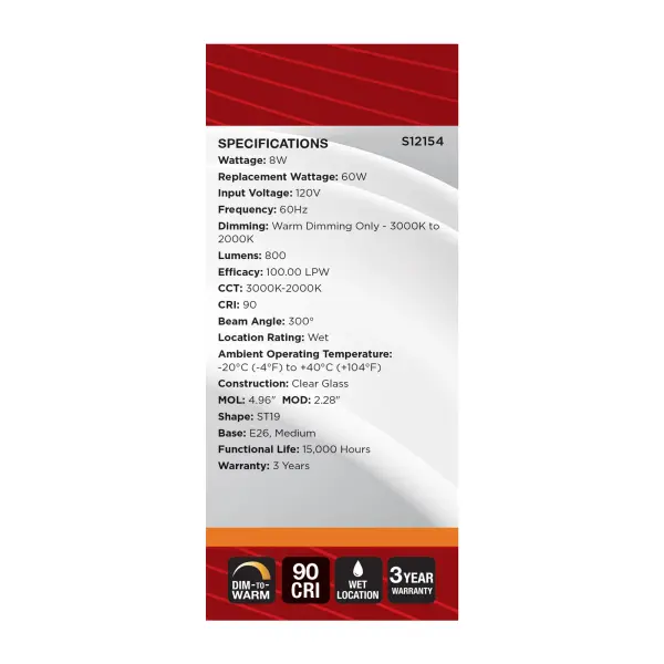 8 Watt LED ST19 - 3000K-2000K Warm Dimming - Medium Base - Clear Finish - Image 7