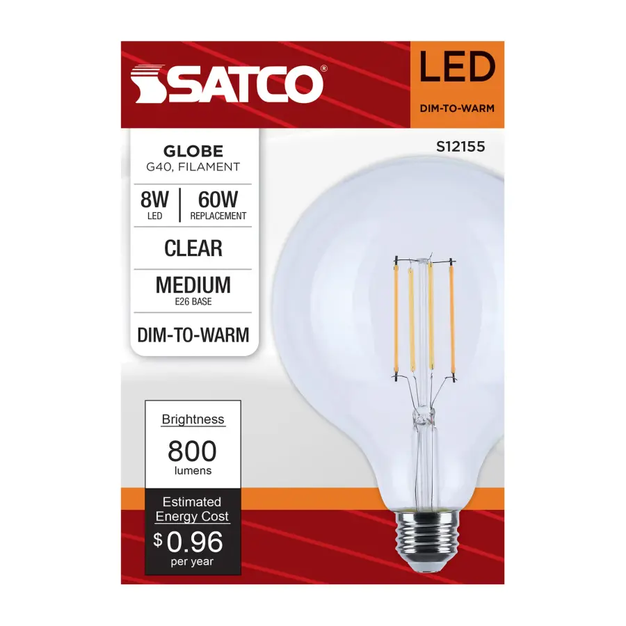 8 Watt LED G40 - 3000K-2000K Warm Dimming - Medium Base - Clear Finish - Image 5