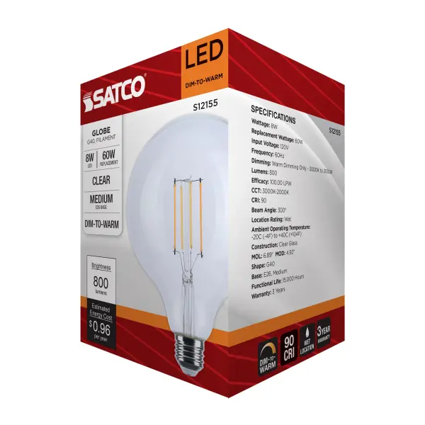 8 Watt LED G40 - 3000K-2000K Warm Dimming - Medium Base - Clear Finish - Image 9