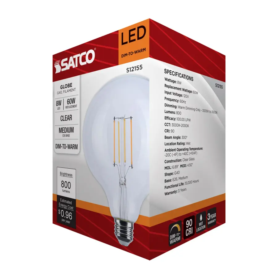 8 Watt LED G40 - 3000K-2000K Warm Dimming - Medium Base - Clear Finish - Image 9