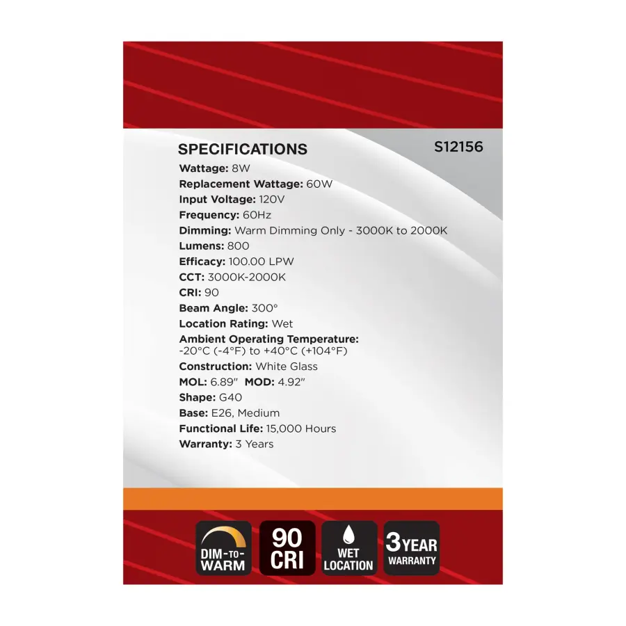 8 Watt LED G40 - 3000K-2000K Warm Dimming - Medium Base - White Finish - Image 7