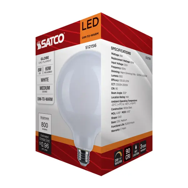 8 Watt LED G40 - 3000K-2000K Warm Dimming - Medium Base - White Finish - Image 9