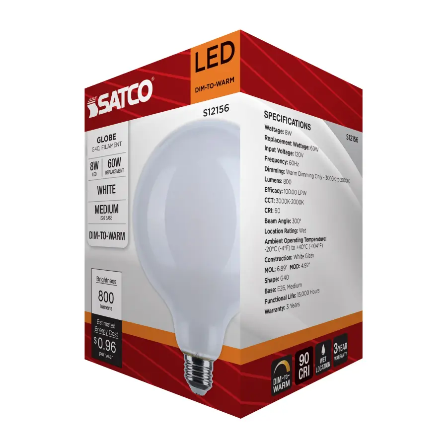 8 Watt LED G40 - 3000K-2000K Warm Dimming - Medium Base - White Finish - Image 9