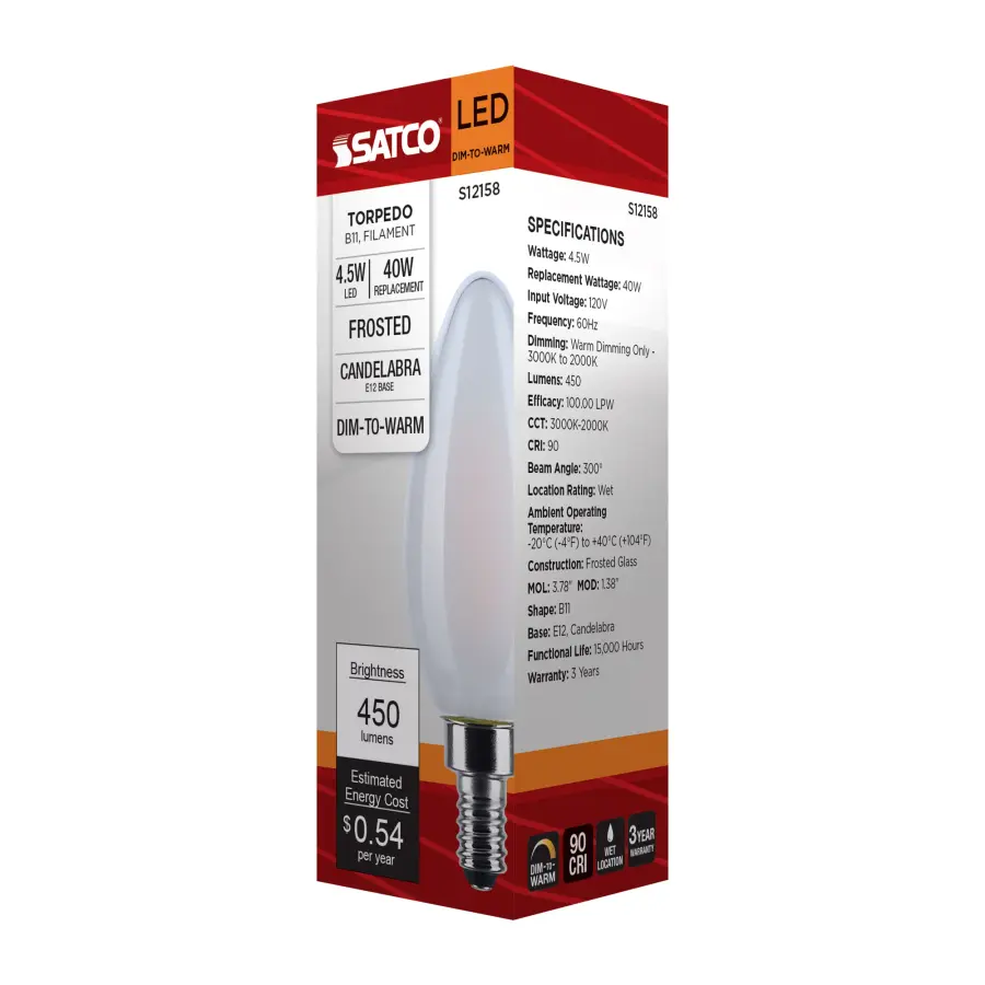 4.5 Watt LED B11 - 3000K-2000K Warm Dimming - Candelabra Base - Frost Finish - Image 9