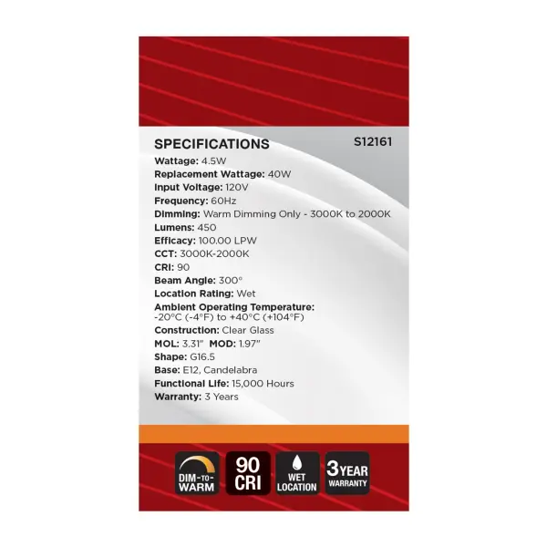 4.5 Watt LED G16.5 - 3000K-2000K Warm Dimming - Candelabra Base - Clear Finish - Image 7