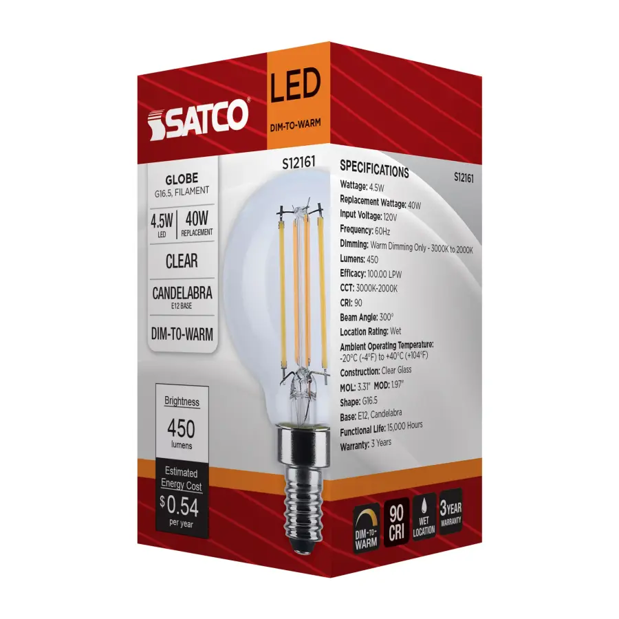 4.5 Watt LED G16.5 - 3000K-2000K Warm Dimming - Candelabra Base - Clear Finish - Image 9