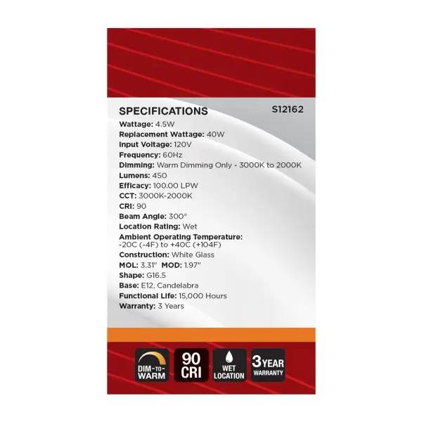 4.5 Watt LED G16.5 - 3000K-2000K Warm Dimming - Candelabra Base - White Finish - Image 7