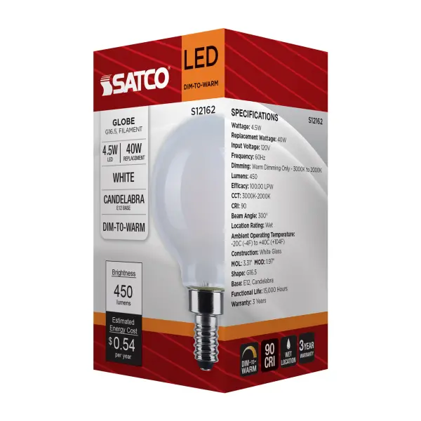 4.5 Watt LED G16.5 - 3000K-2000K Warm Dimming - Candelabra Base - White Finish - Image 9