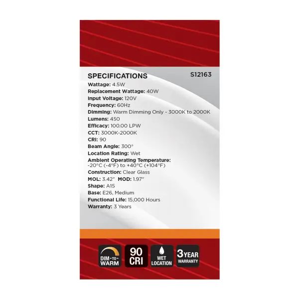 4.5 Watt LED A15 - 3000K-2000K Warm Dimming - Medium Base - Clear Finish - Image 7