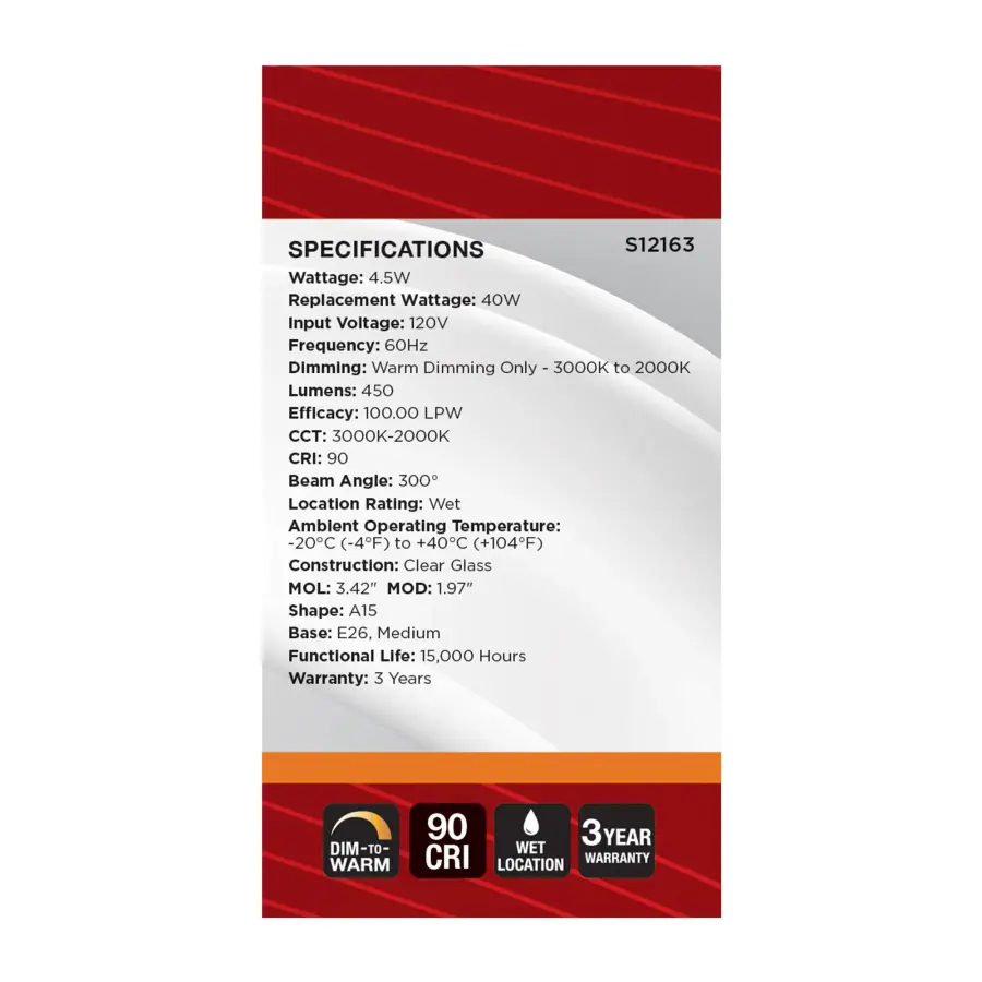 4.5 Watt LED A15 - 3000K-2000K Warm Dimming - Medium Base - Clear Finish - Image 7