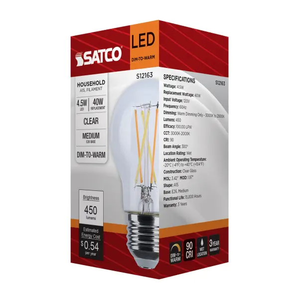 4.5 Watt LED A15 - 3000K-2000K Warm Dimming - Medium Base - Clear Finish - Image 9