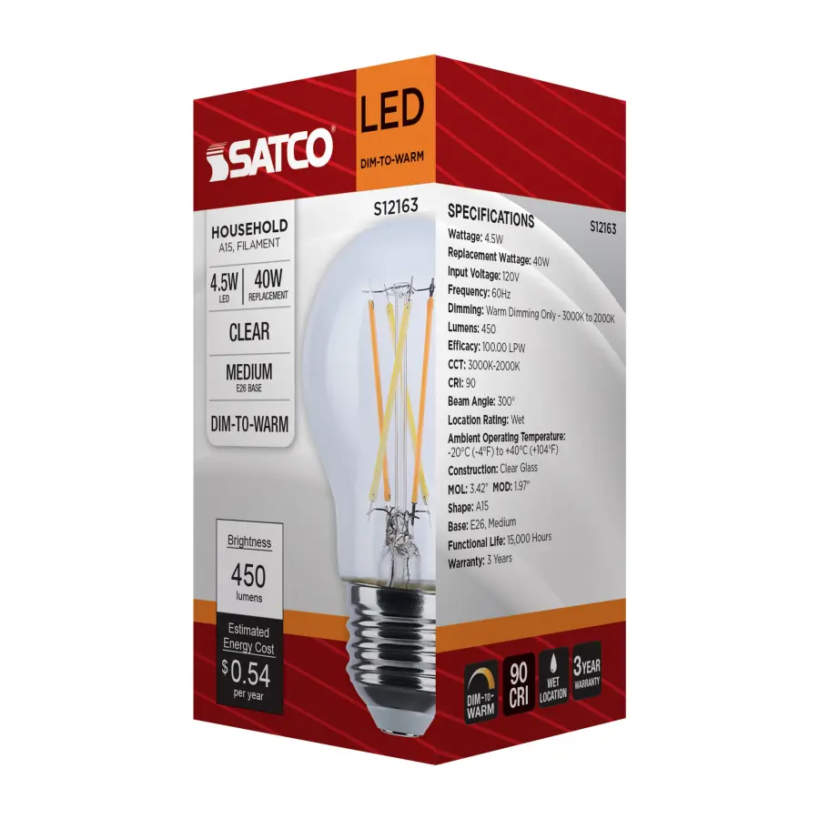 4.5 Watt LED A15 - 3000K-2000K Warm Dimming - Medium Base - Clear Finish - Image 9