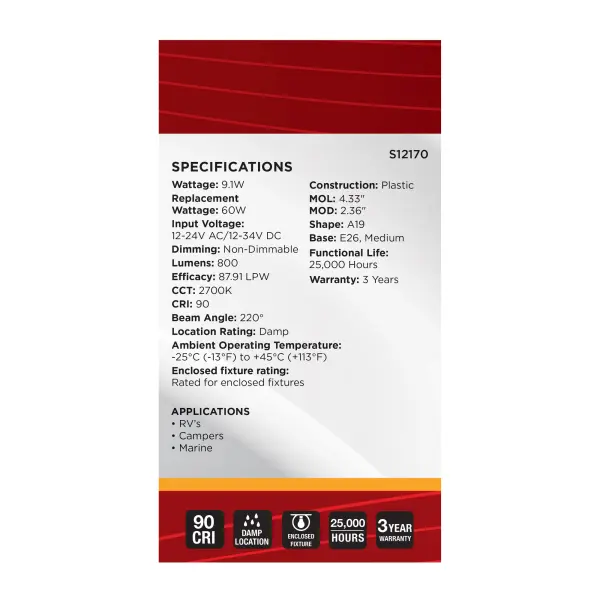 9.1 Watt A19 LED - 2700K CCT - Medium Base - White Finish - 12V-24VAC - 12V-34VDC - Image 6