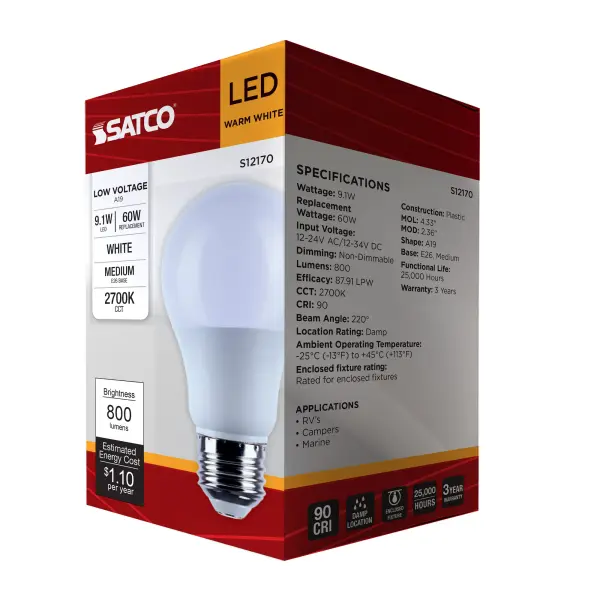 9.1 Watt A19 LED - 2700K CCT - Medium Base - White Finish - 12V-24VAC - 12V-34VDC - Image 10