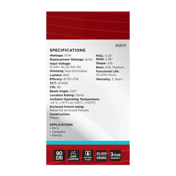 9.1 Watt A19 LED - 5000K CCT - Medium Base - White Finish - 12V-24VAC - 12V-34VDC - Image 6