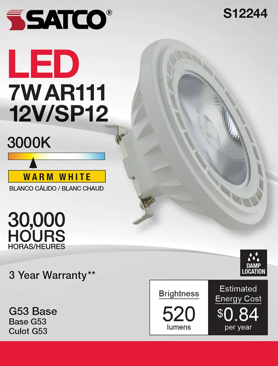 7 Watt - AR111 - COB LED - 520 Lumens - G53 Base - 80 CRI - 3000K - 12 Volt - 12 Degree Spotlight Bulb - Image 5