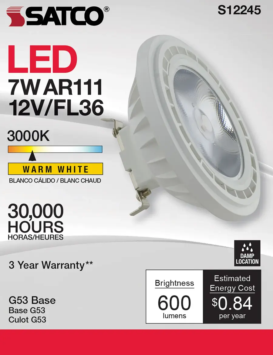 7 Watt - AR111 - COB LED - 600 Lumens - G53 Base - 80 CRI - 3000K - 12 Volt - 36 Degree - Floodlight Bulb - Image 5