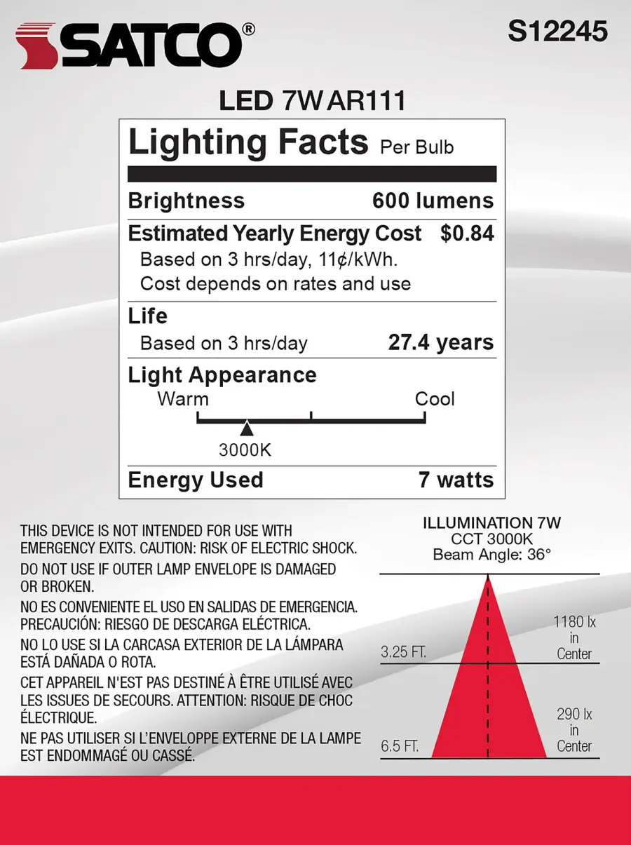 7 Watt - AR111 - COB LED - 600 Lumens - G53 Base - 80 CRI - 3000K - 12 Volt - 36 Degree - Floodlight Bulb - Image 8