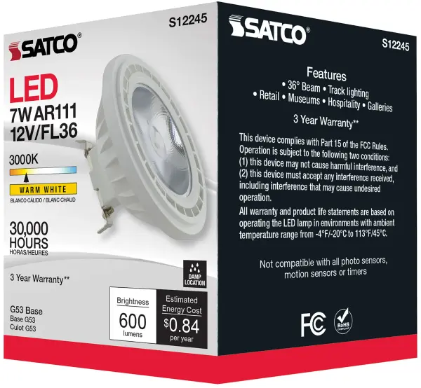 7 Watt - AR111 - COB LED - 600 Lumens - G53 Base - 80 CRI - 3000K - 12 Volt - 36 Degree - Floodlight Bulb - Image 9