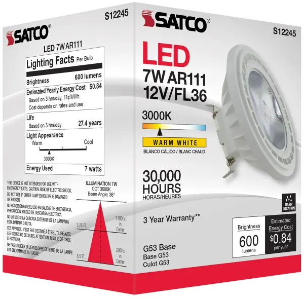 7 Watt - AR111 - COB LED - 600 Lumens - G53 Base - 80 CRI - 3000K - 12 Volt - 36 Degree - Floodlight Bulb - Image 10