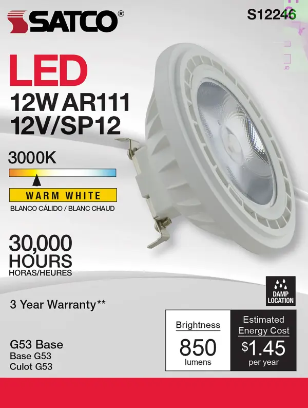12 Watt - AR111 - COB LED - 850 Lumens - G53 Base - 80 CRI - 3000K - 12 Volt - 12 Degree Spotlight Bulb - Image 5