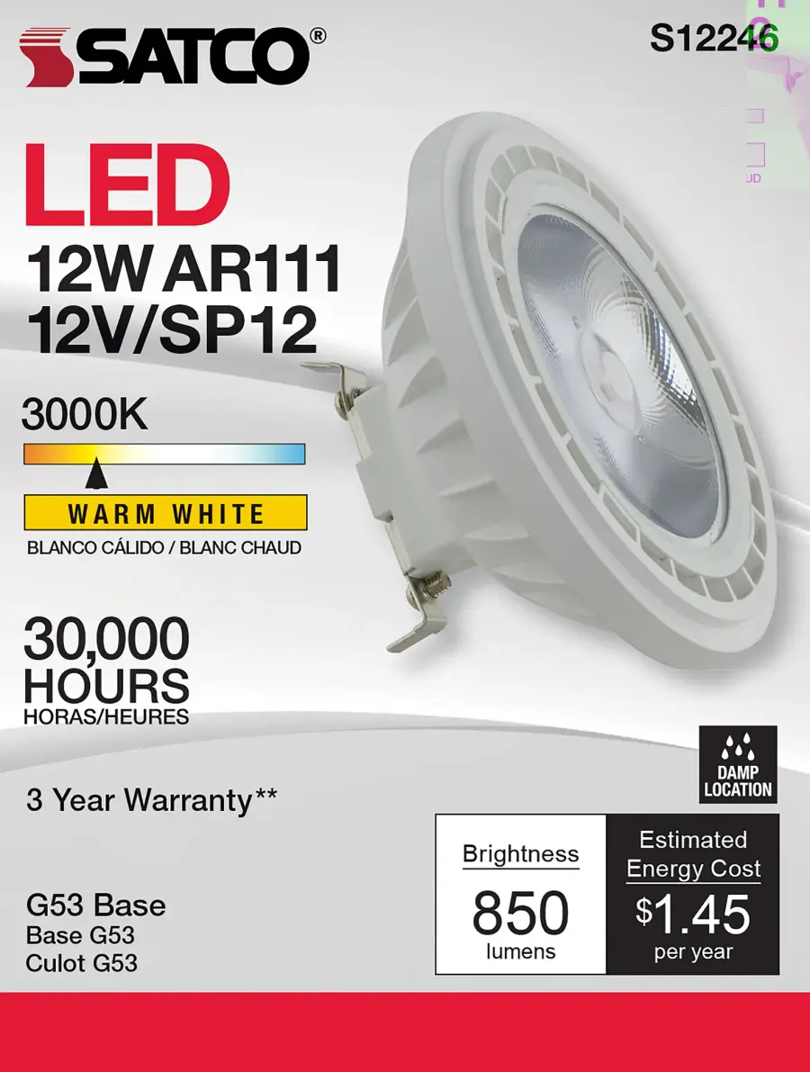 12 Watt - AR111 - COB LED - 850 Lumens - G53 Base - 80 CRI - 3000K - 12 Volt - 12 Degree Spotlight Bulb - Image 5