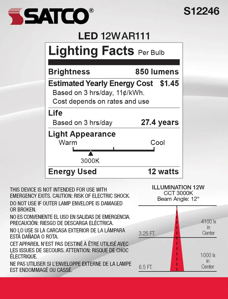 12 Watt - AR111 - COB LED - 850 Lumens - G53 Base - 80 CRI - 3000K - 12 Volt - 12 Degree Spotlight Bulb - Image 8