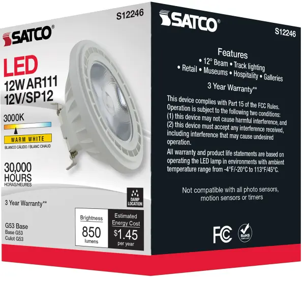 12 Watt - AR111 - COB LED - 850 Lumens - G53 Base - 80 CRI - 3000K - 12 Volt - 12 Degree Spotlight Bulb - Image 9