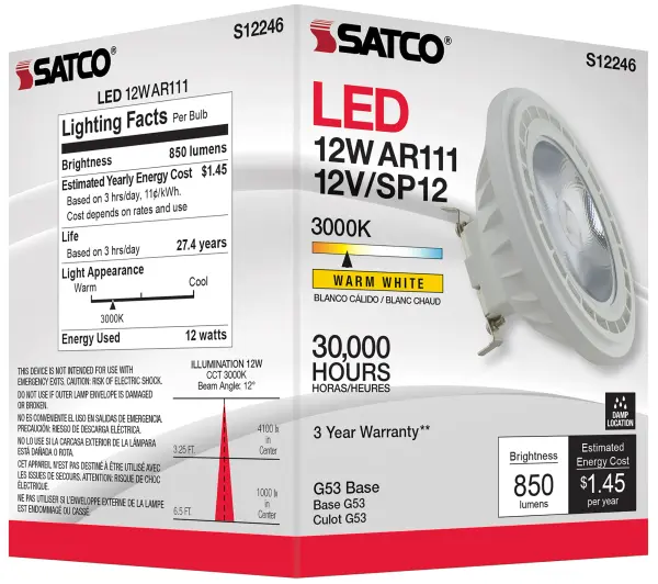 12 Watt - AR111 - COB LED - 850 Lumens - G53 Base - 80 CRI - 3000K - 12 Volt - 12 Degree Spotlight Bulb - Image 10