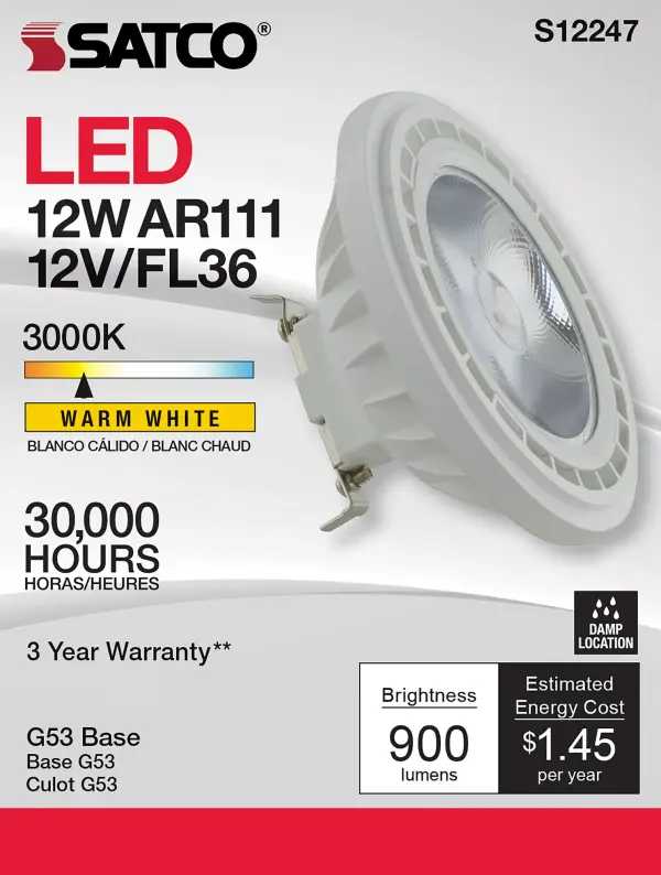 12 Watt - AR111 - COB LED - 900 Lumens - G53 Base - 80 CRI - 3000K - 12 Volt - 36 Degree - Floodlight Bulb - Image 5