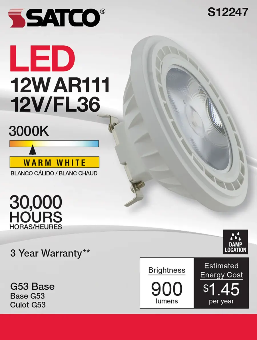 12 Watt - AR111 - COB LED - 900 Lumens - G53 Base - 80 CRI - 3000K - 12 Volt - 36 Degree - Floodlight Bulb - Image 5
