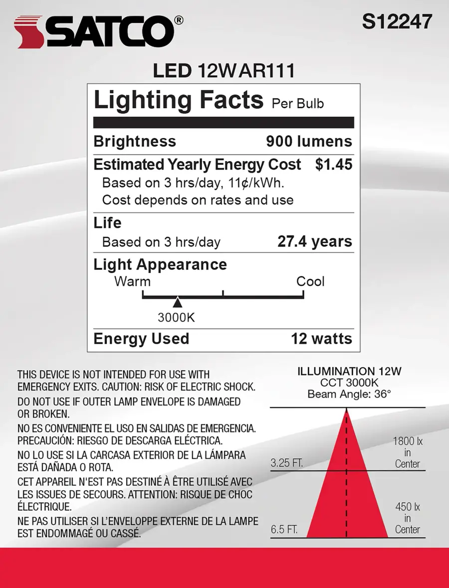 12 Watt - AR111 - COB LED - 900 Lumens - G53 Base - 80 CRI - 3000K - 12 Volt - 36 Degree - Floodlight Bulb - Image 8