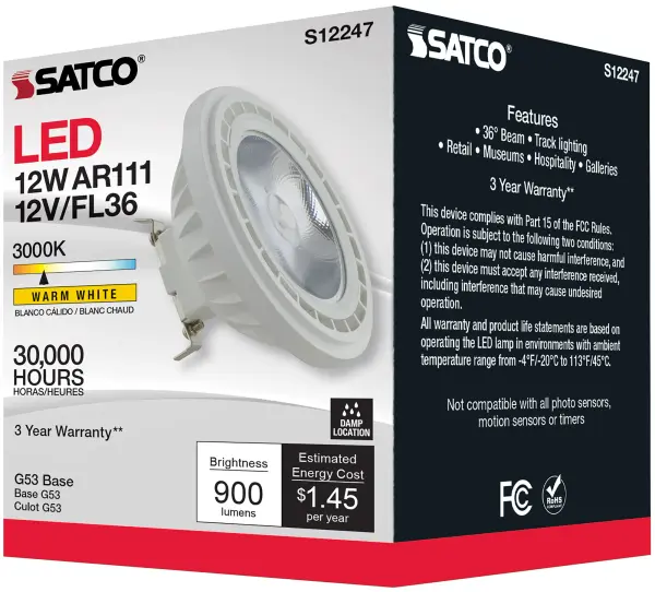 12 Watt - AR111 - COB LED - 900 Lumens - G53 Base - 80 CRI - 3000K - 12 Volt - 36 Degree - Floodlight Bulb - Image 9