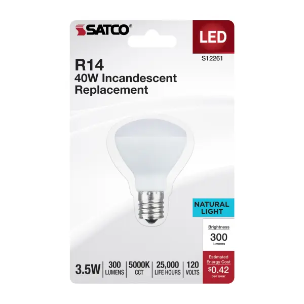 Elevate your lighting experience with SATCO NUVO's R14 reflector LED light bulbs. Engineered for top-tier energy efficiency, these bulbs deliver vibrant, true-to-life white light with a high color rendering index (CRI) of 90. Choose between the inviting warmth of 3000K soft white or the crisp clarity of 5000K natural light. Available with E17 intermediate and E26 medium bases, they seamlessly integrate into a variety of fixtures. With a wide 110 degree beam angle and smooth dimming capability down to 10 percent, these versatile bulbs offer customizable lighting solutions for any environment. Whether it's illuminating living spaces, dining areas, or commercial establishments like offices, museums, or retail stores, these bulbs ensure the perfect ambiance for every occasion. - alternate view