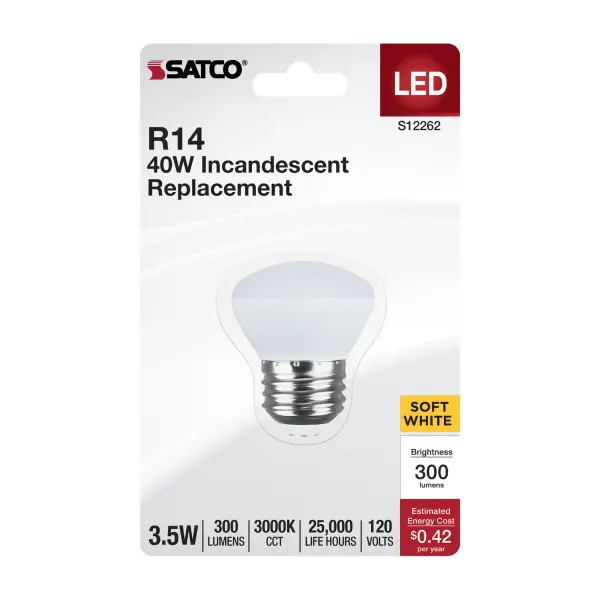 Elevate your lighting experience with SATCO NUVO's R14 reflector LED light bulbs. Engineered for top-tier energy efficiency, these bulbs deliver vibrant, true-to-life white light with a high color rendering index (CRI) of 90. Choose between the inviting warmth of 3000K soft white or the crisp clarity of 5000K natural light. Available with E17 intermediate and E26 medium bases, they seamlessly integrate into a variety of fixtures. With a wide 110 degree beam angle and smooth dimming capability down to 10 percent, these versatile bulbs offer customizable lighting solutions for any environment. Whether it's illuminating living spaces, dining areas, or commercial establishments like offices, museums, or retail stores, these bulbs ensure the perfect ambiance for every occasion. - alternate view